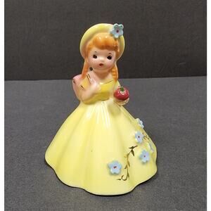 Vintage Josef Originals School Belle Girl Bell Figurine Yellow Dress Blue Flower